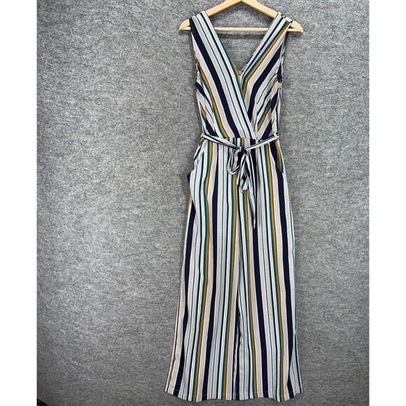 Monteau Jumpsuit Women S Small Gray Striped V-Neck Zipper Belted Sleeveless - Picture 1 of 7